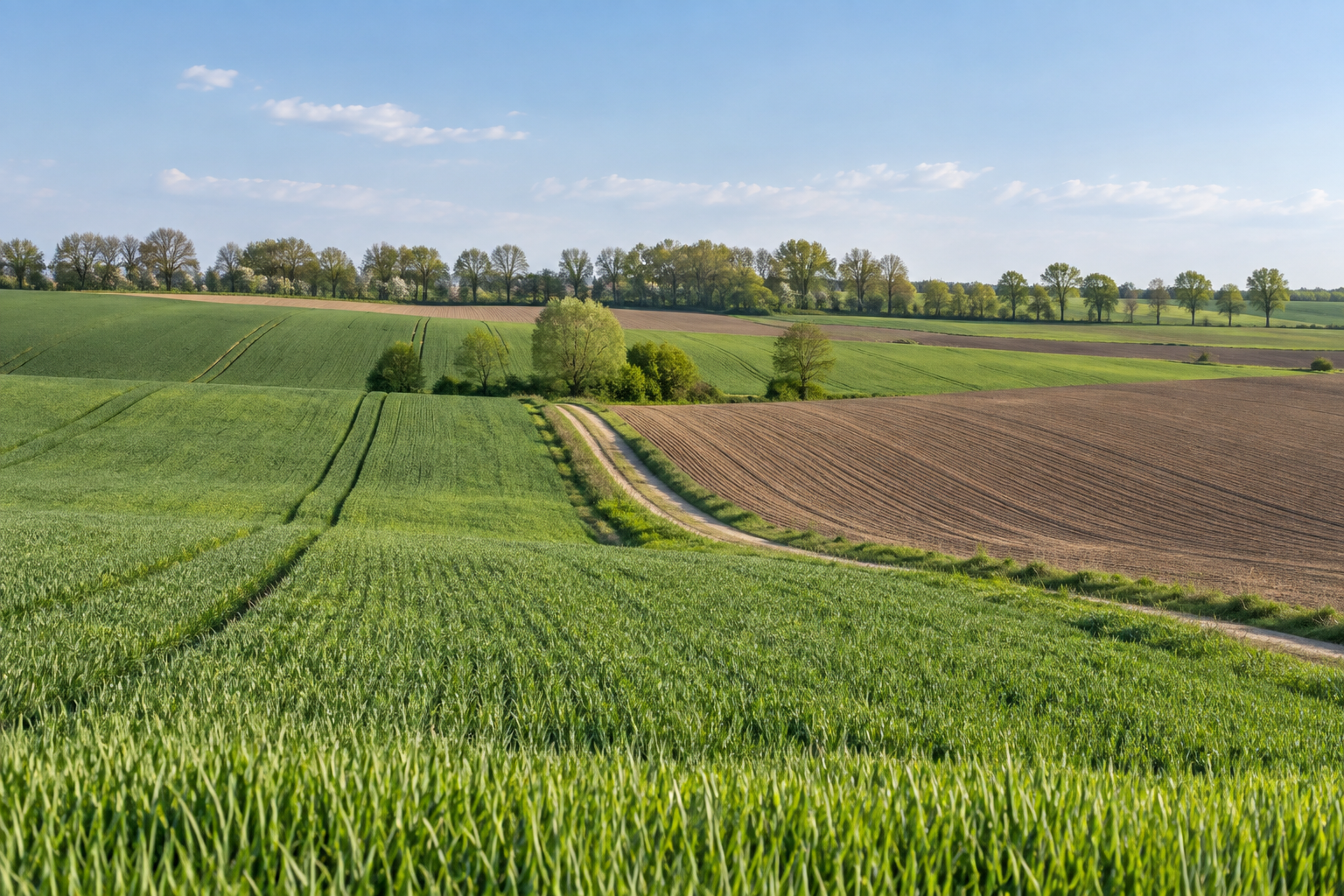 Bewirtschaftetes Getreidefeld in Polen mit weiter Agrarlandschaft