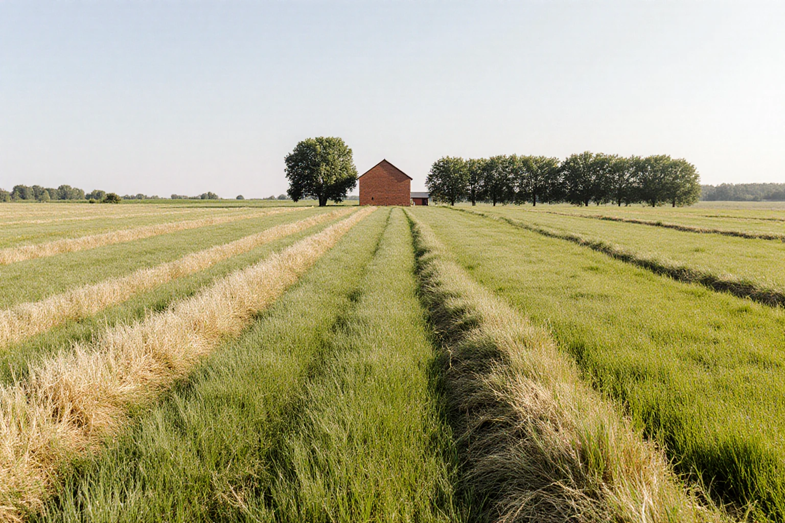 Mown grassland with a small farm building and a row of trees