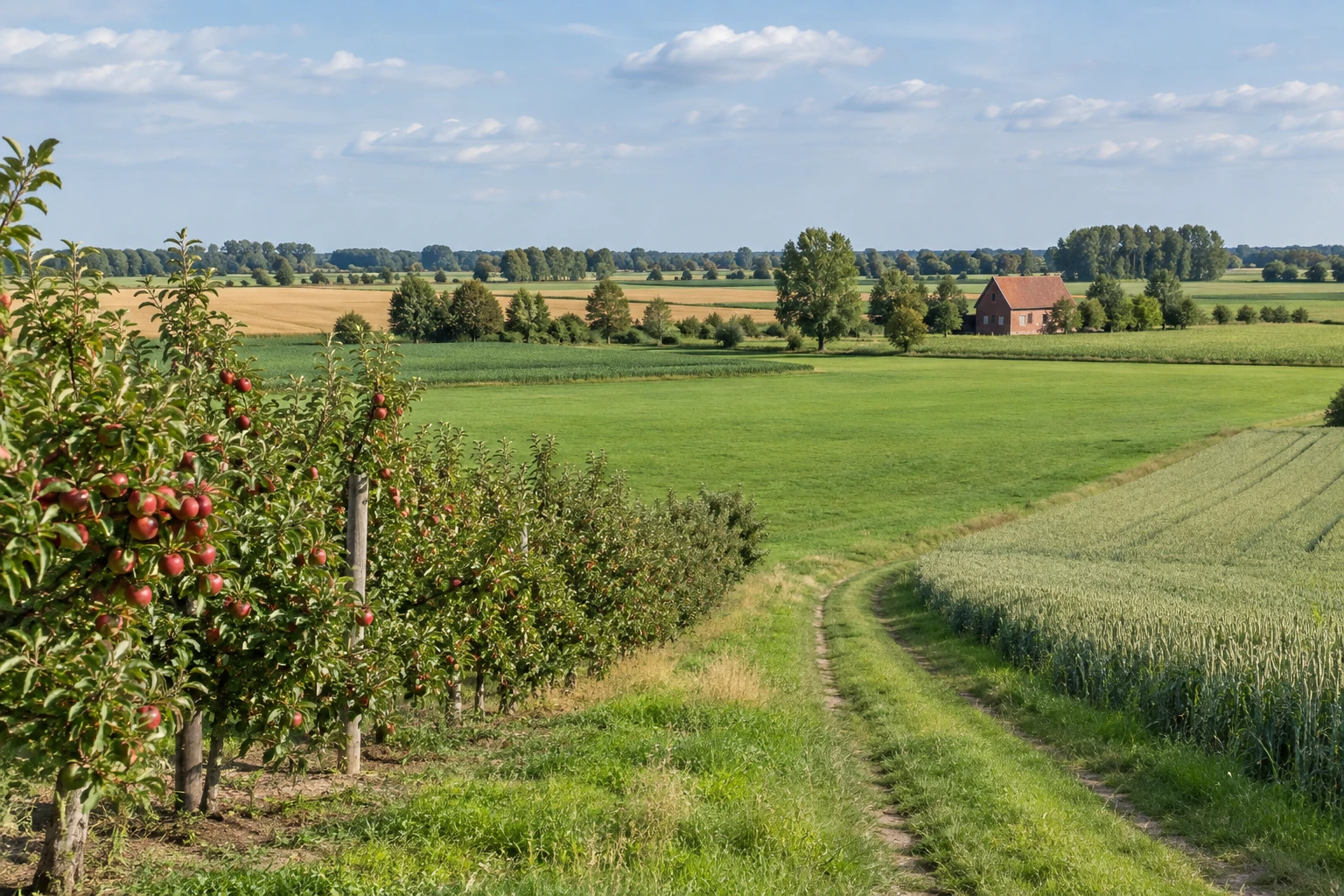 Polish agricultural landscape with an orchard, meadow and grain fields