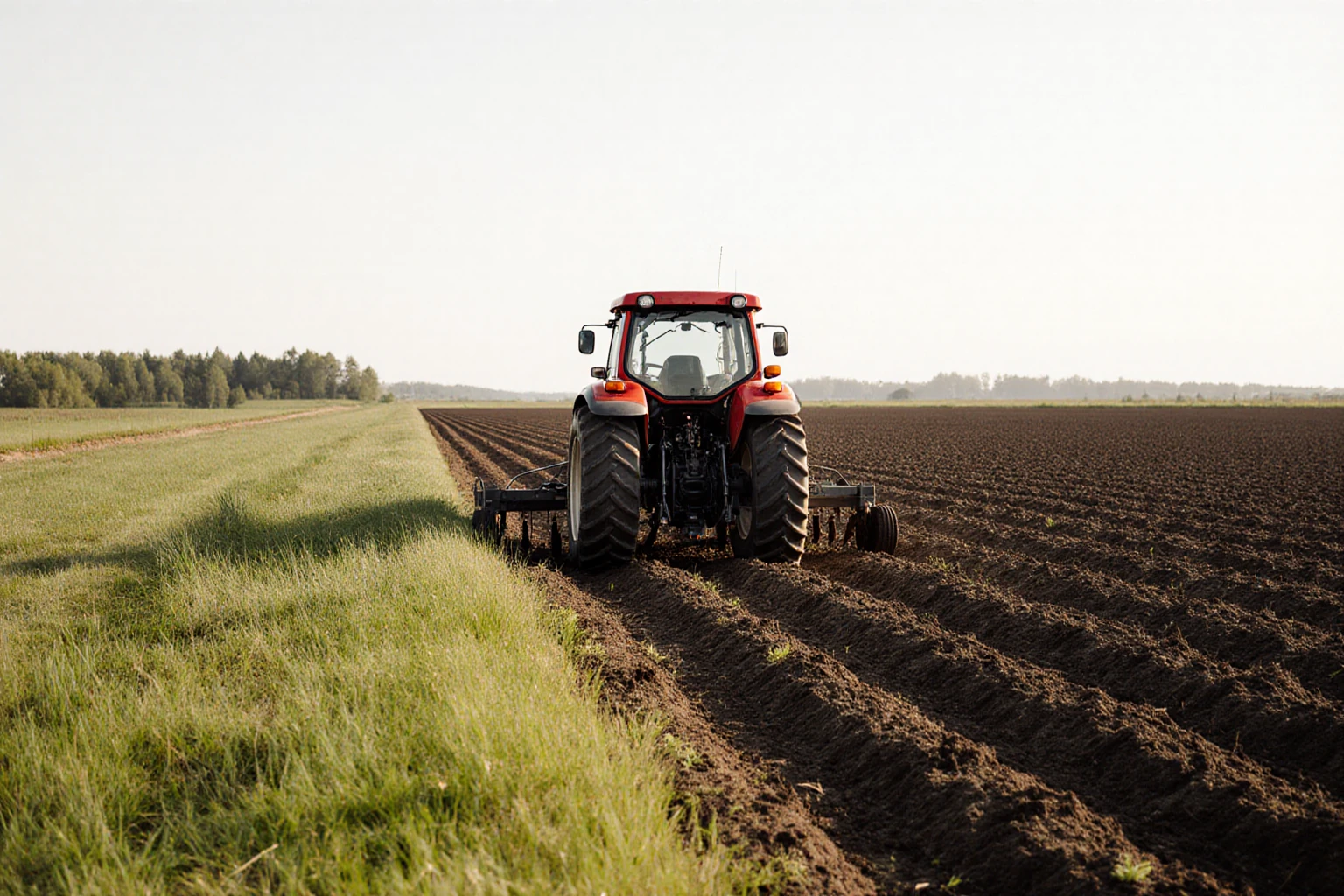 A tractor working cultivated agricultural land